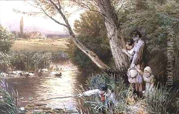 Children Playing by a Stream Oil Painting - Myles Birket Foster