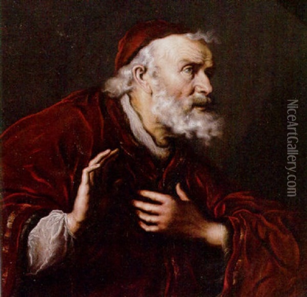 Portrait Of A Rabbi, Wearing A Red Cloak And Skull Cap Oil Painting - Salomon Koninck