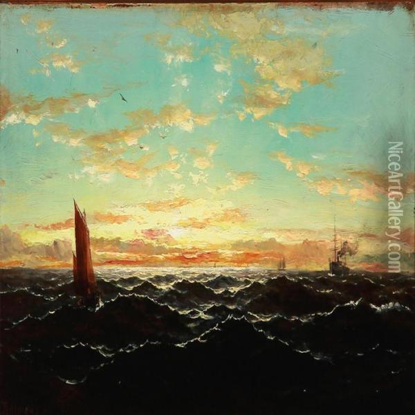 Seascape With Sunset And Sailing Ships Oil Painting - Thomas Bush Hardy