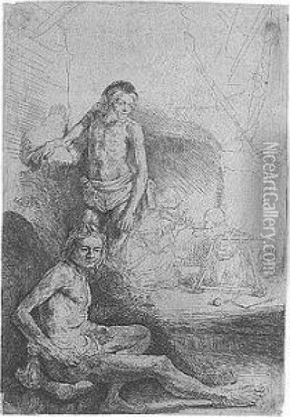 Nude Man Seated And Another 
Standing With A Woman And Baby Lightly Etched In The Background (b., 
Holl.194; H.222; Bb.46-1) Oil Painting - Rembrandt Van Rijn