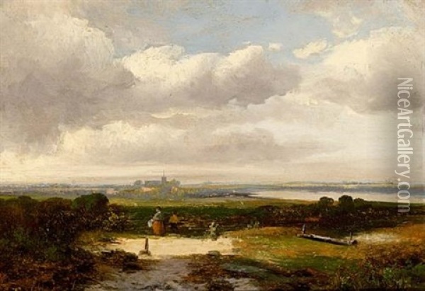 Travellers In A Landscape, A Town Beyond Oil Painting - Hermanus Jan Hendrik Rijkelijkhuysen