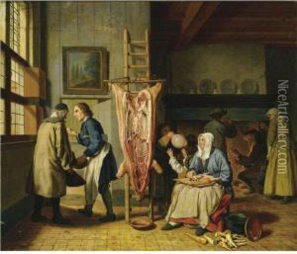 Interior Of A Butcher's Home, With A Slaughtered Pig, A Womancleaning Carrots, A Little Boy Blowing On The Bladder, And Figuresnear A Fireplace Oil Painting - Josef Horemans Younger The Jan