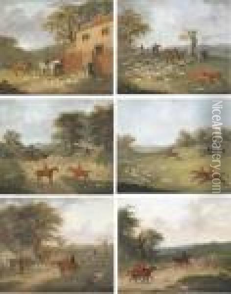 A Run With Mr. James Drake 
Brockman's Hounds At Beachborough, Kent:leaving The Kennels, Underhill, 
Shornecliffe; Going To Covert; Goneaway; Full Cry; The Death - Treeing 
The Fox; And The Returnhome Oil Painting - John Nost Sartorius