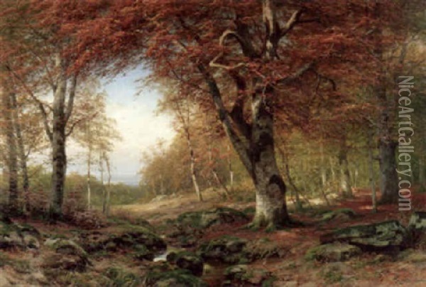 Herbstwald Mit Ausblick In Ein Flusstal (rhein?) Oil Painting - Carl Ludwig Fahrbach