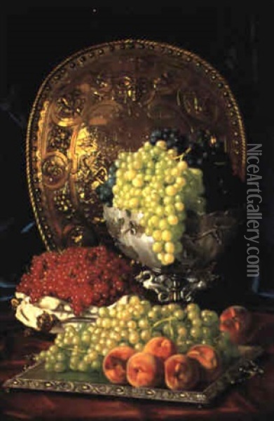 Ornate Table Top Still Life With Fruit And Silver Oil Painting - Edward Chalmers Leavitt