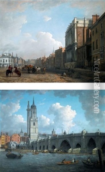 A View Of Whitehall (+ A View Of London Bridge; Pair) Oil Painting - William Marlow