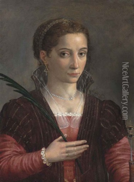 Portrait Of A Lady, As Saint Lucy, Half-length, In A Red Embroidered Dress And Brown Mantle Oil Painting - Sofonisba Anguissola