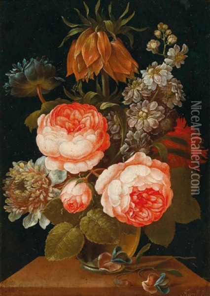 A Pair Of Flower Still Lifes Oil Painting - Johann Careel