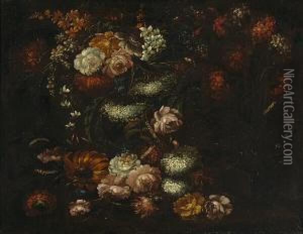 A Still Life Of A Dianthus 
Plant, Roses, And Other Flowers And Caterpillers, All Resting On A Table Oil Painting - Elisabetta Marchioni Active Rovigo