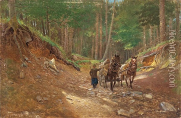 Die Holzfuhre Durch Den Wald Oil Painting - Hermann Reisz