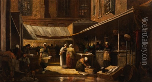 Activity At The Fish Stall Oil Painting - Ferdinand Carl Sierig