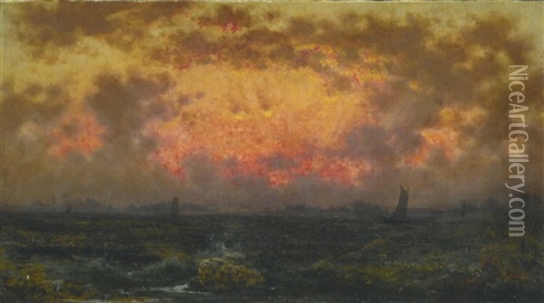 Sunset On The Coast (florida Sunset; View Of New York Harbor) Oil Painting - Martin Johnson Heade