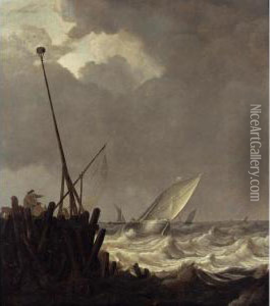 Ships In Stormy Seas With Fishermen Standing At A Jetty Oil Painting - Pieter the Younger Mulier