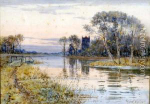 British River View, With Church In The Distance Watercolour Signed 26 X 37 Cms Oil Painting - Robert Winter Fraser