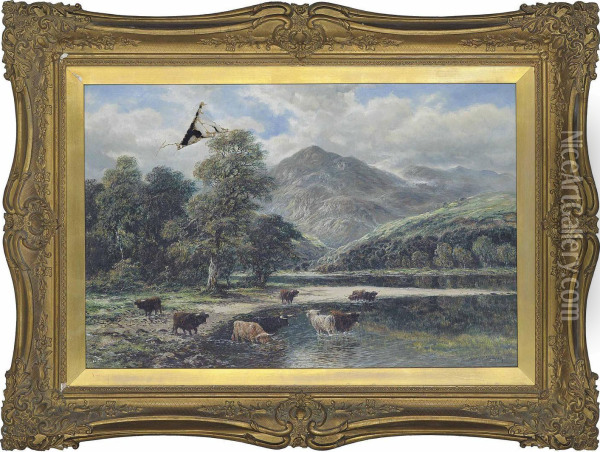 Highland Cattle Drinking At A Loch Oil Painting - William Langley