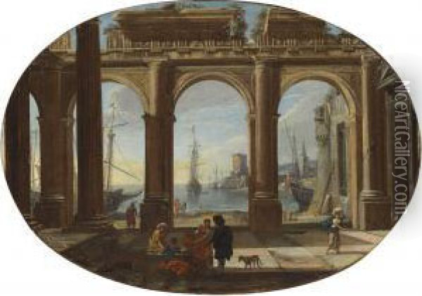A Capriccio With Figures Beneath
 A Doric Colonnade, A Bay And Thetorre Di San Vincenzo, Naples Beyond Oil Painting - Viviano Codazzi