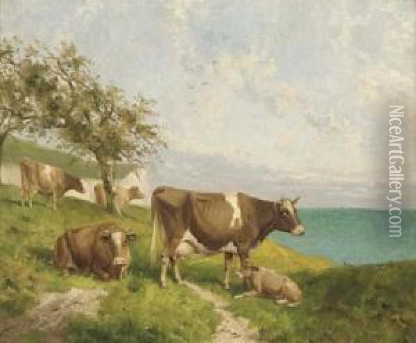 Cattle On The Cliffs; And Horses And Cattle On The Cliffs Oil Painting - Joseph Clark