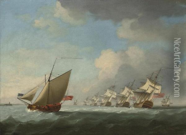 A Squadron Of The Red Beating Its Way Up The Channel With An Admiralty Yacht Inshore Oil Painting - Francis Swaine