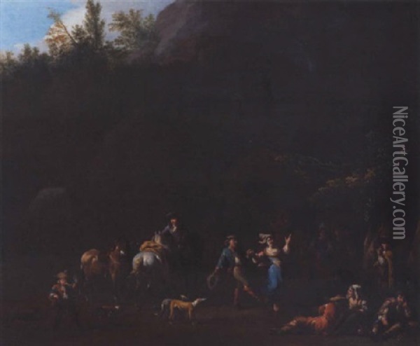 A Merry Company Dancing Before A Tavern Oil Painting - Jan van Huchtenburg
