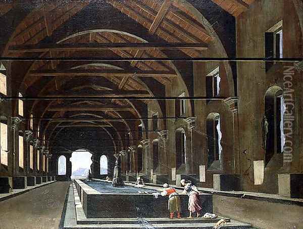 Women Washing Clothes Oil Painting - Cerquozzi, Michelangelo (1602-60) and Codazzi, Viviano (1603-72)