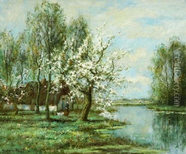 Amongst Blossoming Trees Along The River Oil Painting - Willem Hendriks