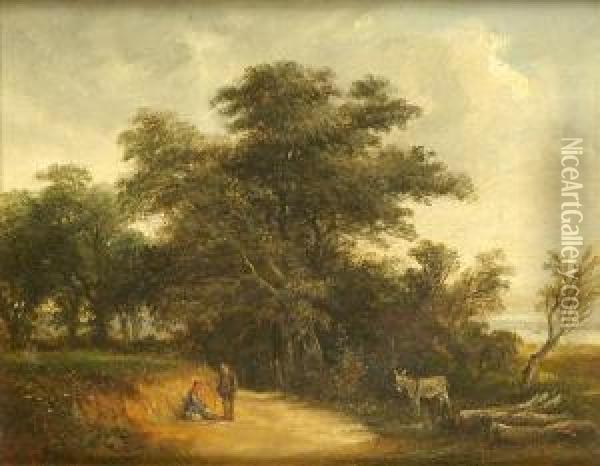 Figures And Donkeyin A Summer Landscape Oil Painting - Robert Burrows