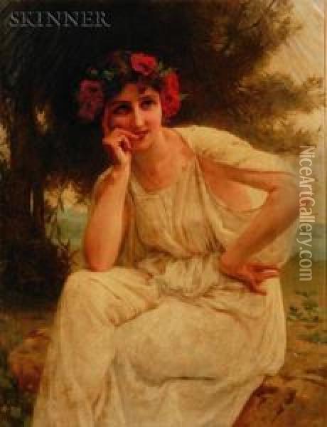 Woman With Red Floral Wreath Oil Painting - Guillaume Seignac