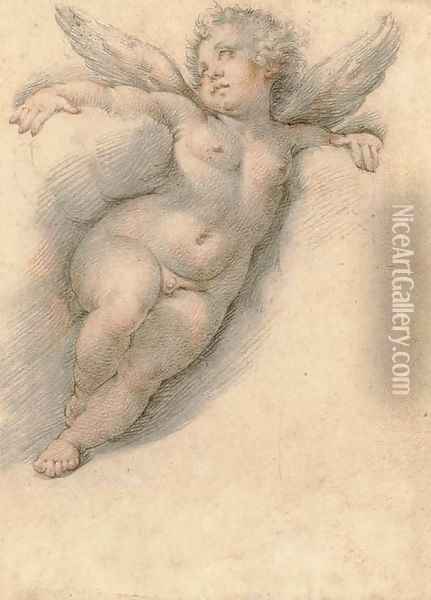 A putto leaning on clouds, after Raphael Oil Painting - Joseph The Elder Heintz