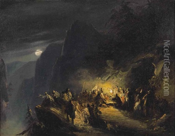 Figures In A Mountainous Landscape At Night, Possibly 'johannesfeuer' Oil Painting - George Gillis van Haanen