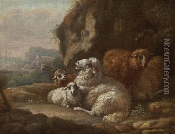 Schafe Unter Felsen Ruhend Oil Painting - Johann Heinrich Roos