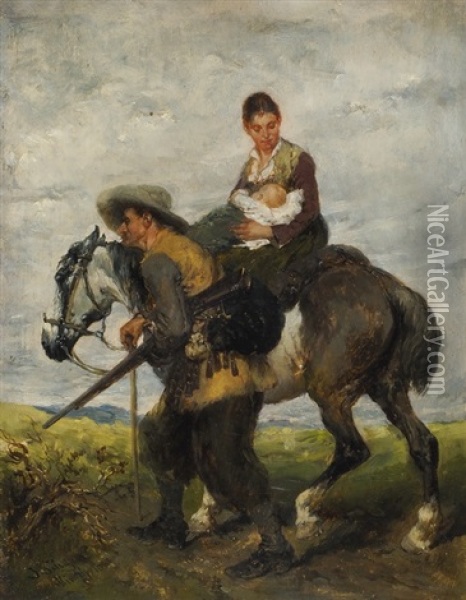 Mutter Mit Kind Auf Pferd, Von Jager Begleitet Oil Painting - Julius Schgoer