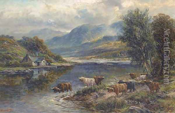 Highland cattle watering at a loch Oil Painting - William Langley