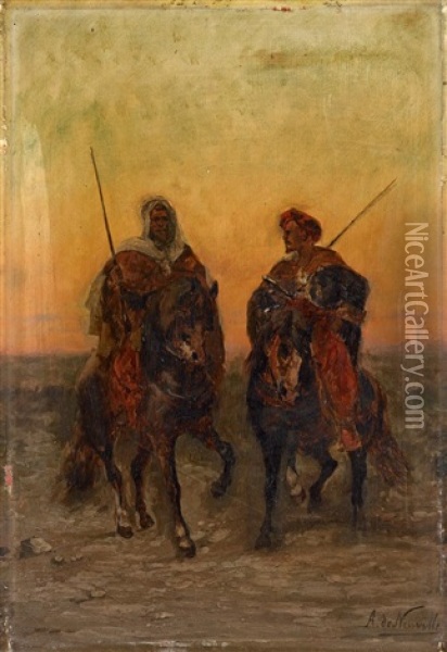 Zwei Araber Zu Pferde Oil Painting - Alphonse Marie de Neuville