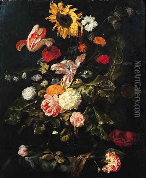 A sunflower, roses, parrot tulips, a carnation and other flowers in a glass vase on a partly draped marble table Oil Painting - Jan Weenix