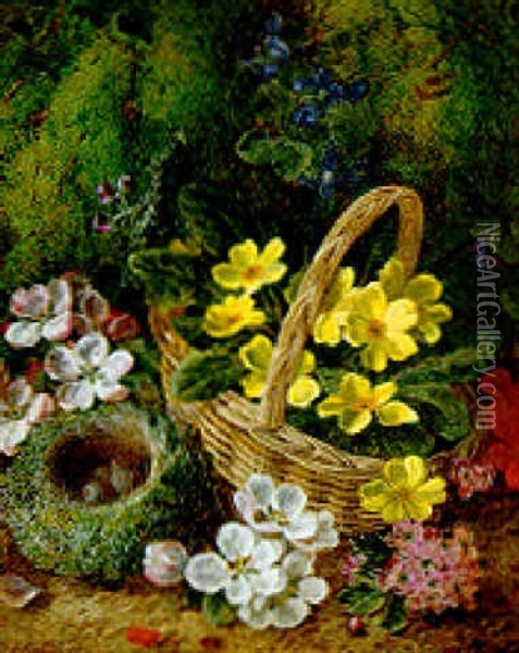 Primroses, Apple Blossoms With A Bird's Nest On A Mossy Bank Oil Painting - George Clare