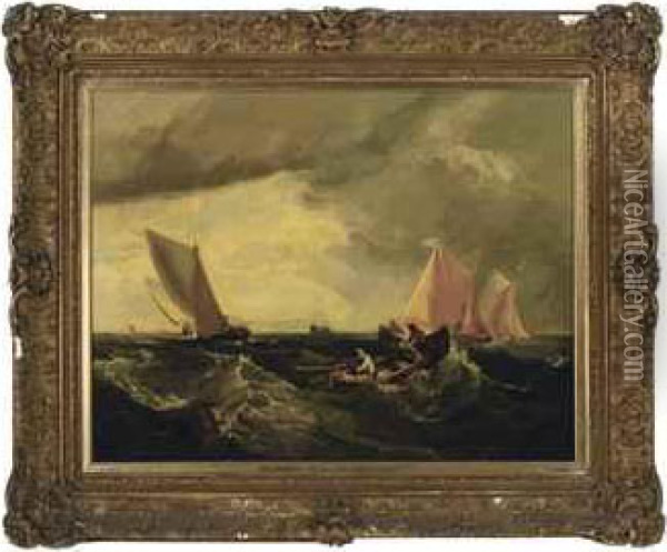 Off Dover Cliffs: Fishermen In A Rowing Boat At Sea Oil Painting - George Chambers