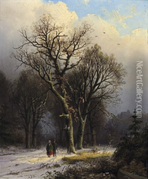 Spazierganger Im Winterwald Oil Painting - Alexander Joseph Daiwaille