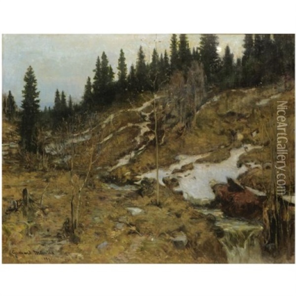 Snodekket Elvelandskap, Snowy River Landscape Oil Painting - Gerhard Peter Franz Vilhelm Munthe