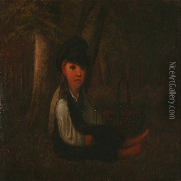 A Boy With A Basket Inthe Forest Oil Painting - Hans Christian Jensen