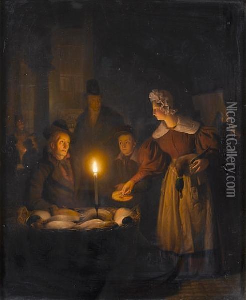 A Candlelight Market Scene Oil Painting - Petrus van Schendel