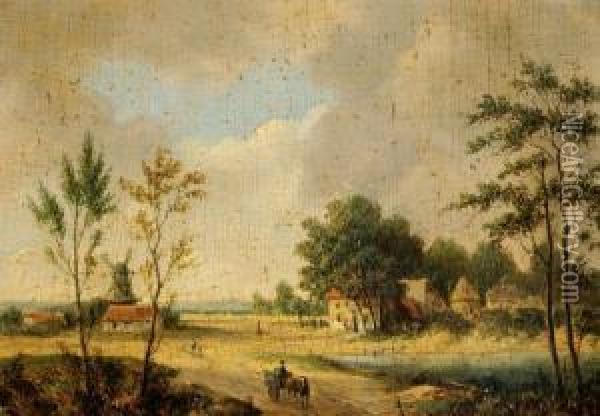 A Horse-drawn Cart On A Road Near A Village Oil Painting - Coenraad Alexander Weerts