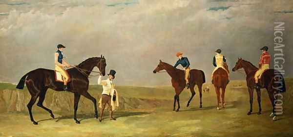 Preparing to start for the Doncaster Gold Cup, 1825, with Mr. Whitaker's 'Lottery', Mr. Craven's 'Longwaist', Mr.Lambton's 'Cedric' and Mr. Farquharson's 'Figaro' Oil Painting - John Frederick Herring Snr
