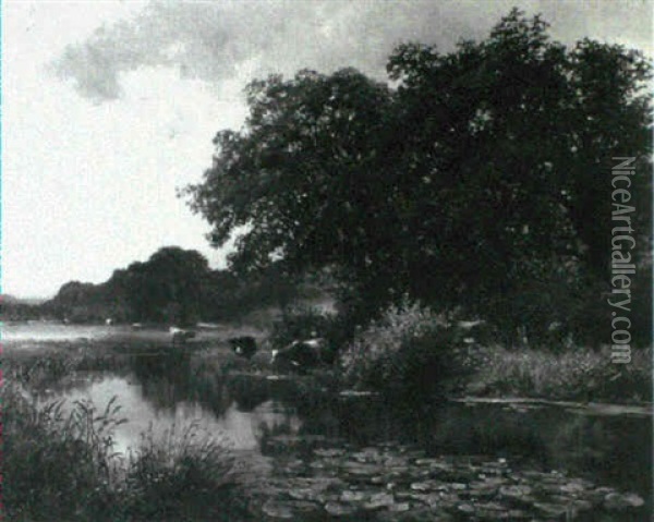 Cattle Watering At A River Oil Painting - Walter Wallor Caffyn