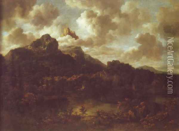 Mountainous and wooded landscape with a river Oil Painting - Jacob Van Ruisdael