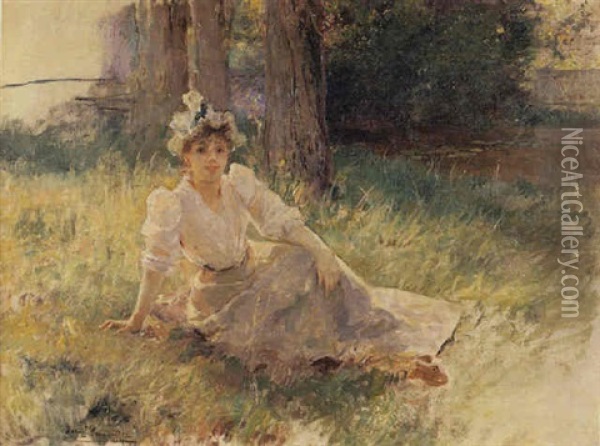 A Young Beauty By The River Oil Painting - Daniel Hernandez Morillo