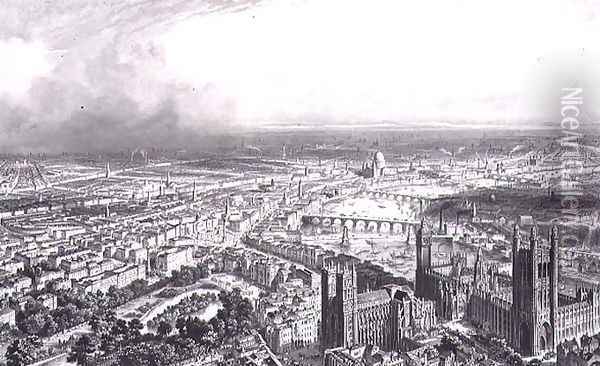 Bird's Eye View of London from Westminster Abbey, c.1840 Oil Painting - Henri Michel Antoine Chapu