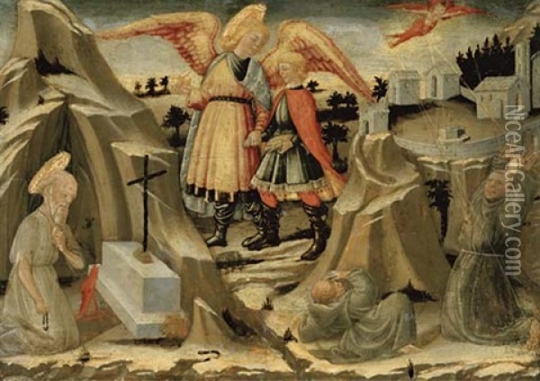 Tobias And The Angel, The Penitence Of Saint Jerome And The Stigmatization Of Saint Francis Oil Painting - Neri di Bicci