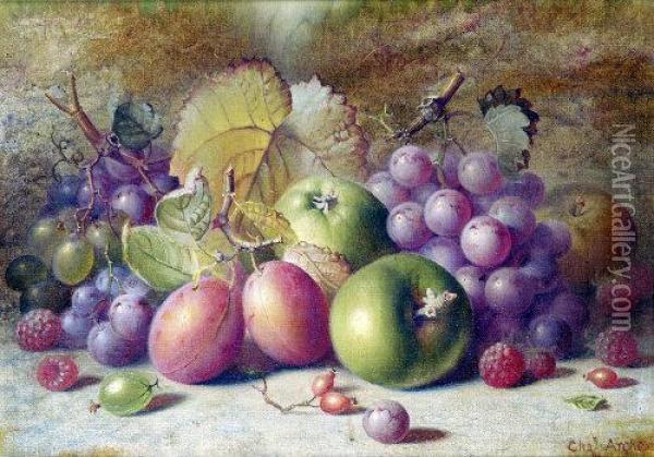 Still Life, Plums, Apples, Raspberries And Grapes On A Mossy Bank Oil Painting - Charles Archer