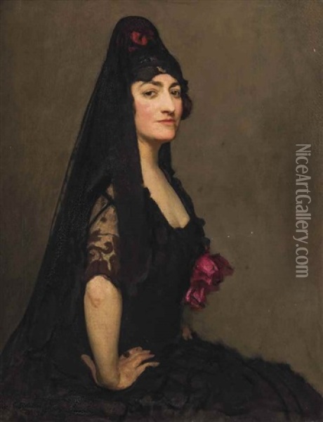 Portrait Of Marcelle Azra Hincks, Countess Morphy, Wearing A Spanish Mantilla Oil Painting - George Spencer Watson