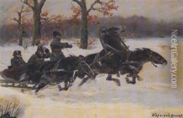 Untitled (napoleon And Officer Riding A Sleigh Through A Snowy Landscape) Oil Painting - Woiciech (Aldabert) Ritter von Kossak